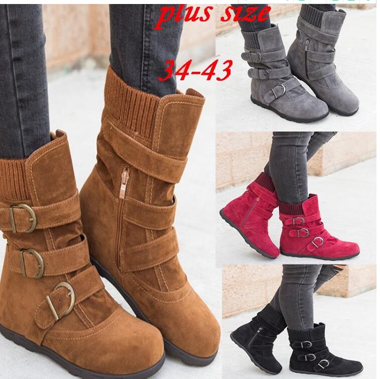 Women's Buckled Faux Suede Boots with Knit Cuff - Casual Mid-Calf - Image 6