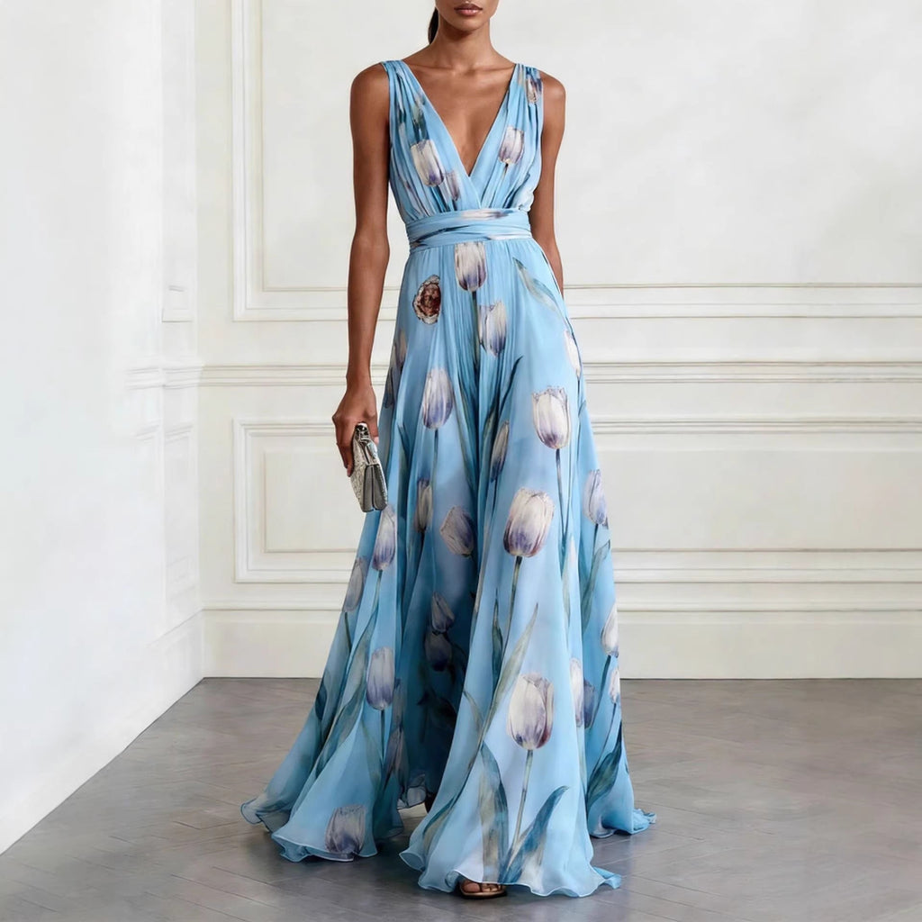 Blue, orange, and purple tulip print V-neck sleeveless maxi dress in chiffon.