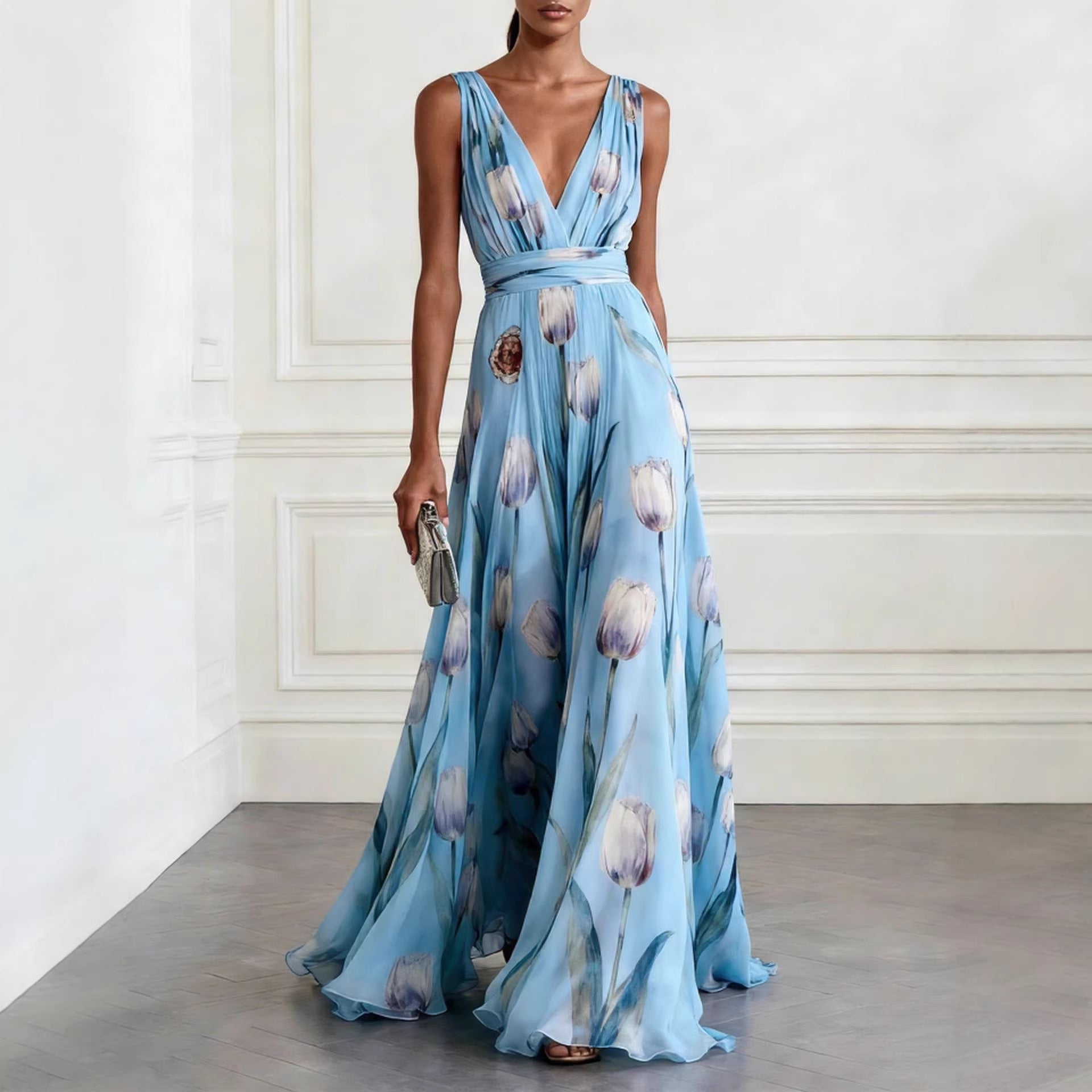 Blue, orange, and purple tulip print V-neck sleeveless maxi dress in chiffon.
