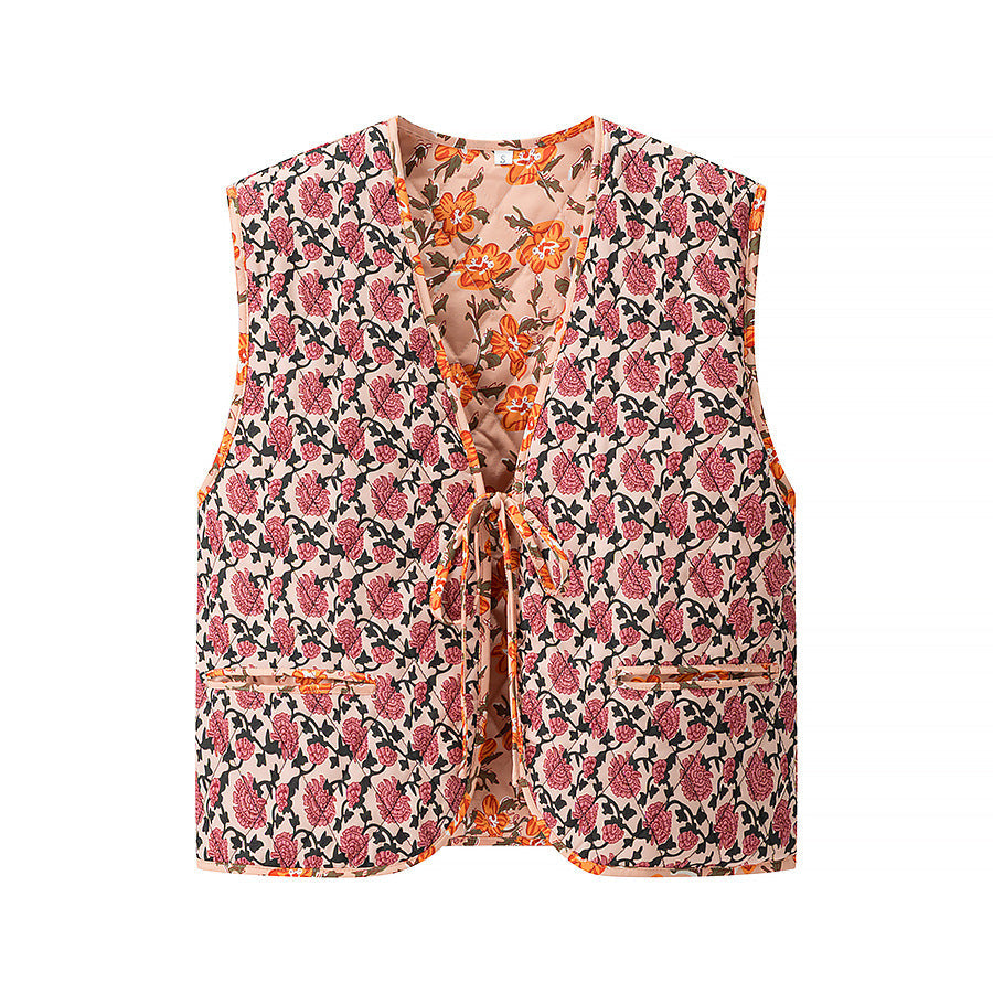 Women's Pink & Blue Striped Quilted V-Neck Loose Fit Vest - Image 6