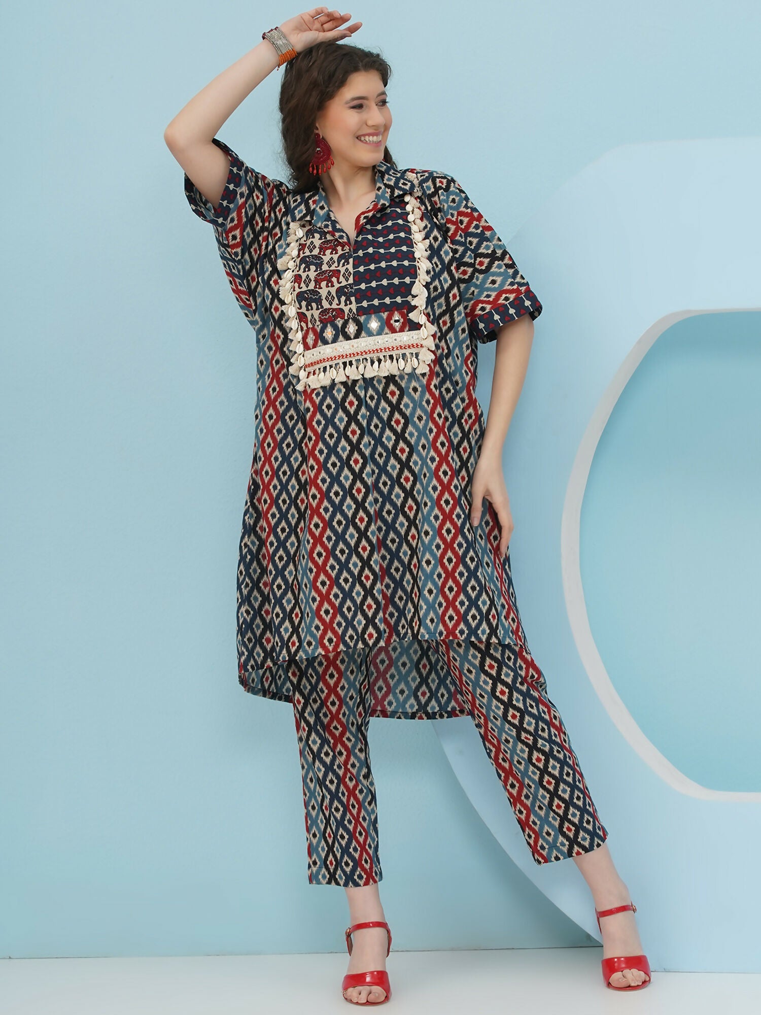 Blue Red Ikkat Print Cotton Kaftan Set for Women