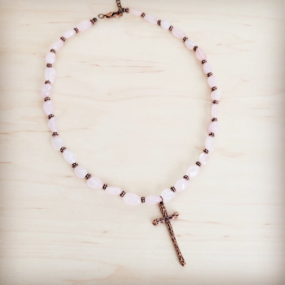**Rose Quartz Collar Necklace w/ Copper Cross Pendant 263i
