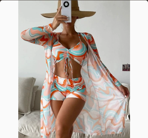Three-Piece Bikini Set with Sheer Mesh Cover-Up and Briefs