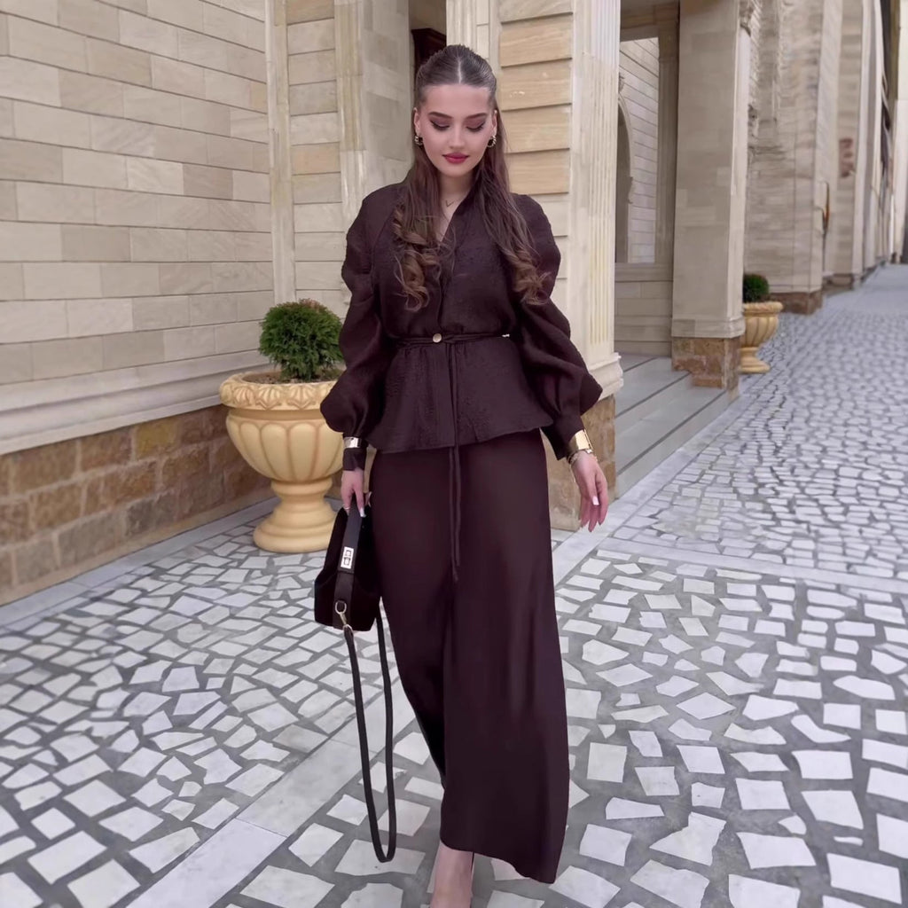 Women's V-Neck Puff Sleeve Belted Peplum Top & Maxi Skirt Set