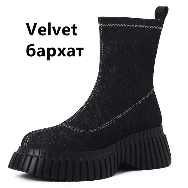 Women's Metallic Silver & Black Denim Platform Ankle Boots - Image 7