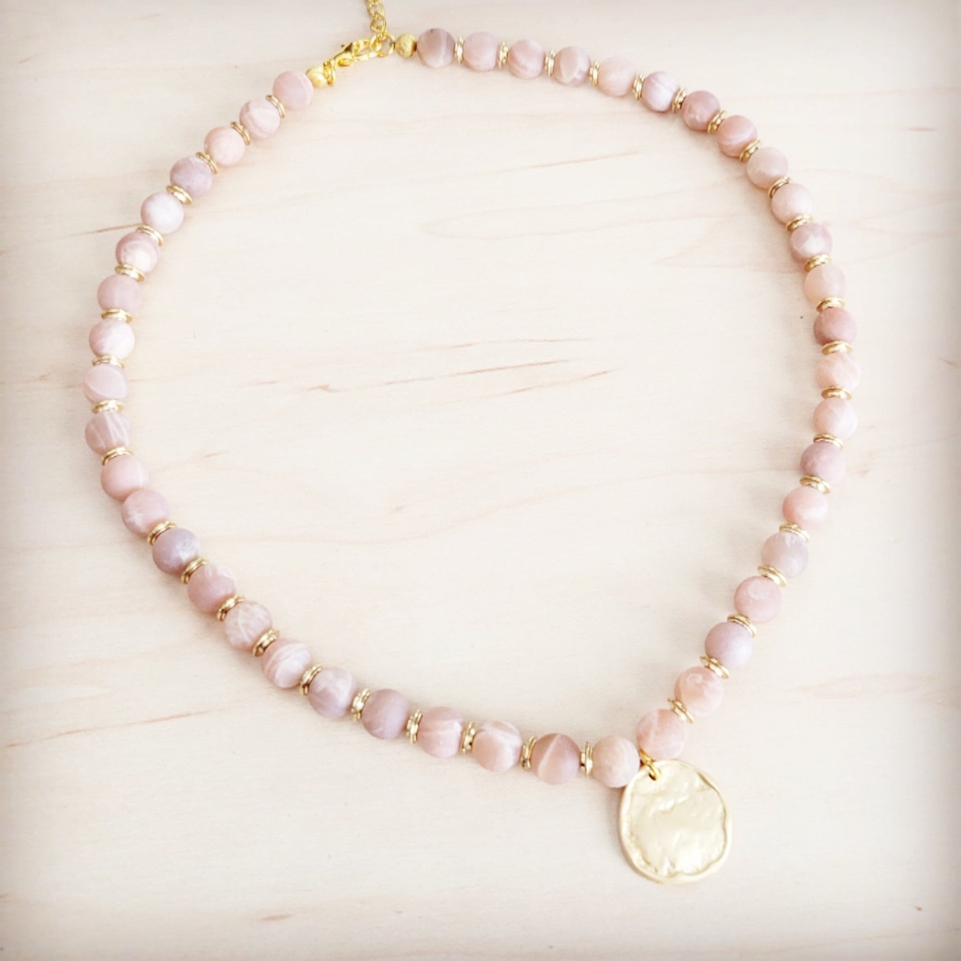 Frosted Sunstone Beaded Collar Necklace with Matte Gold Pendant - Image 2