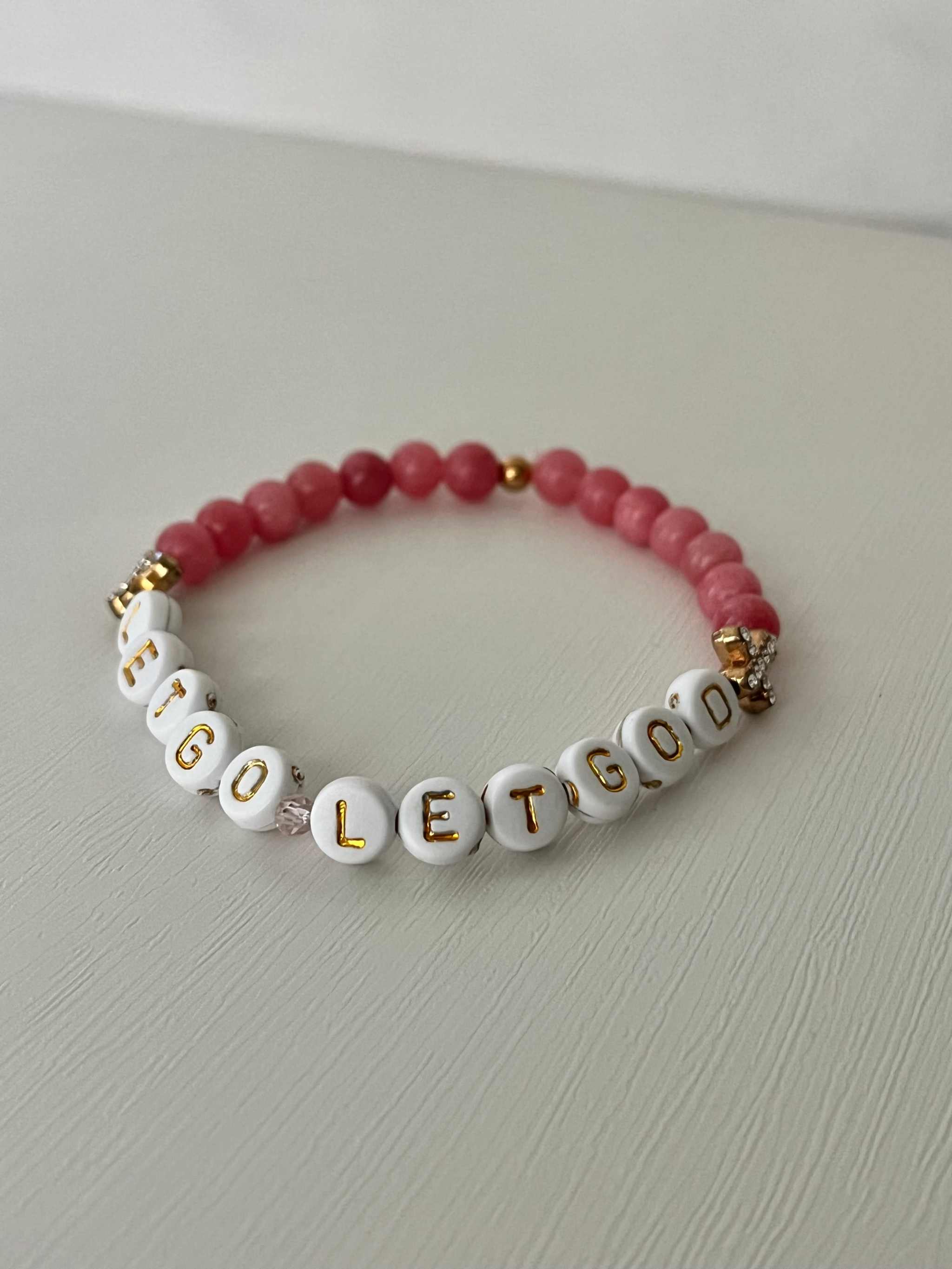 Let Go Let God Pink Marble Bead Bracelet with Gold Crosses