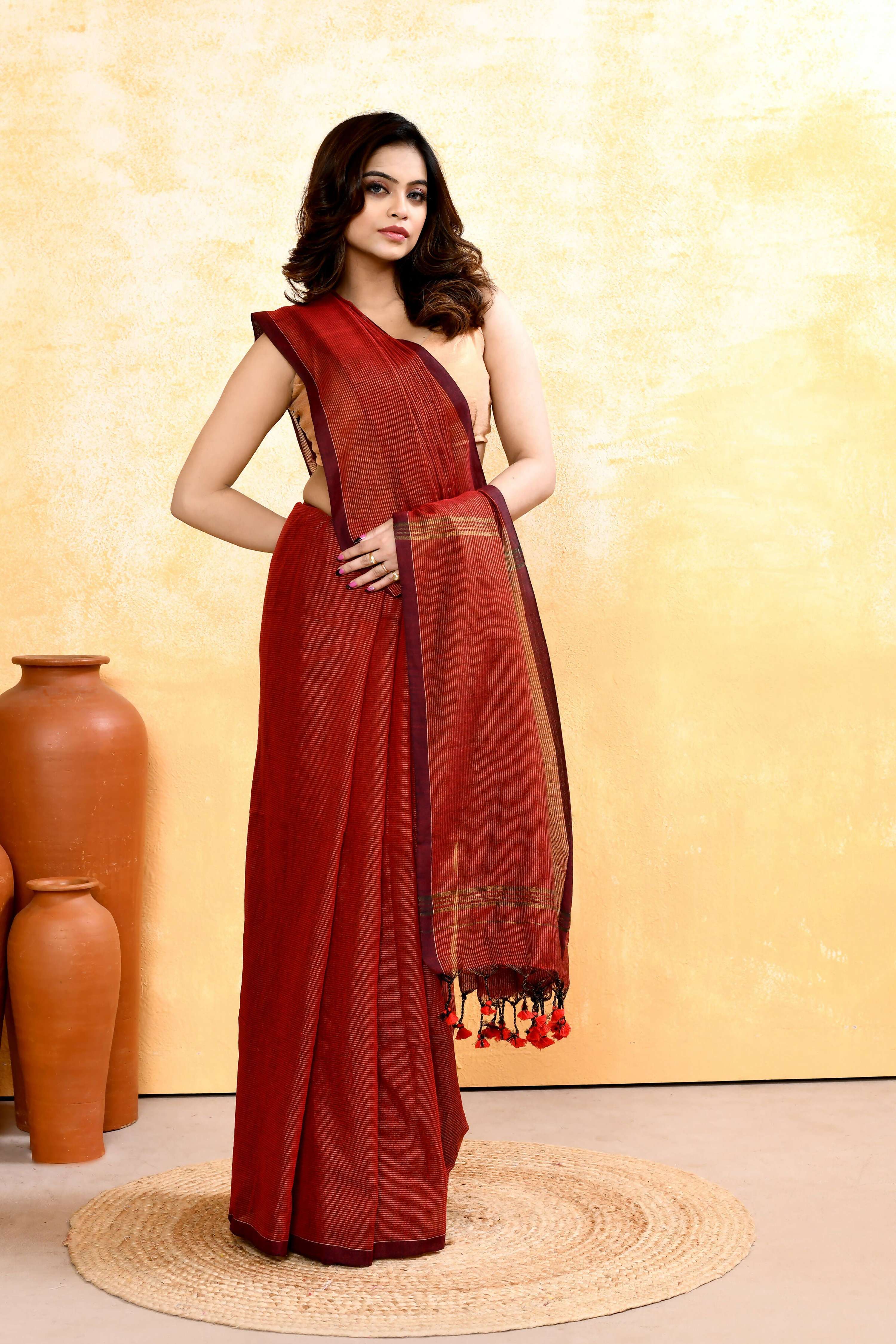 Maroon Embellished Cotton Blend Zari Check Handloom Saree