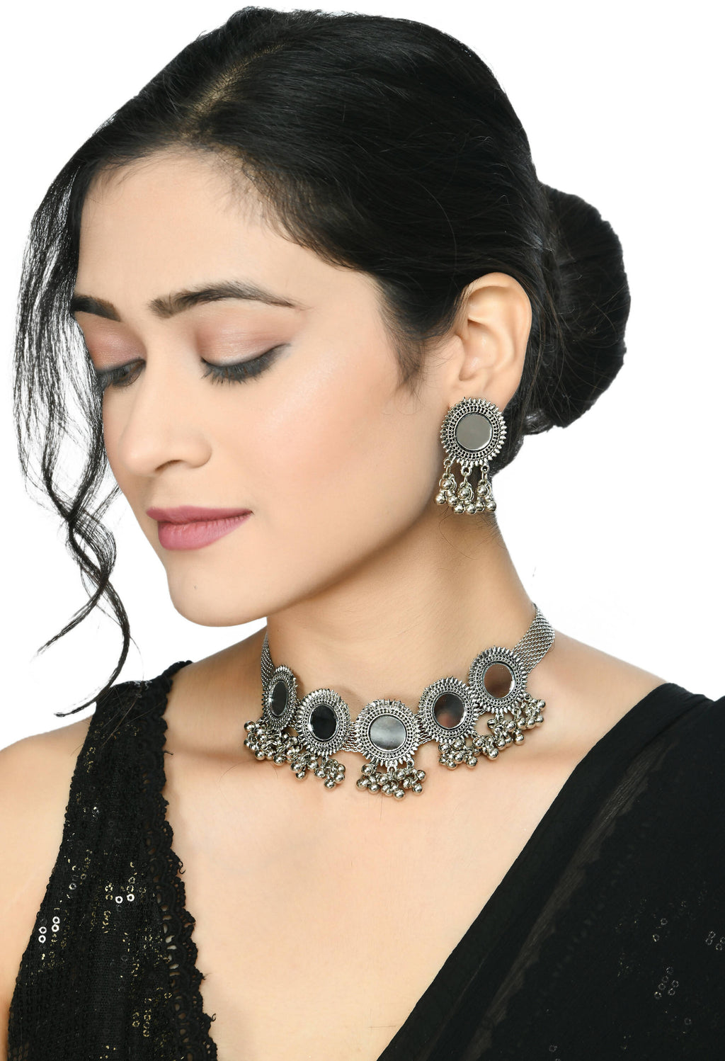Silver-Plated Brass Mirror Work Ethnic Choker Necklace