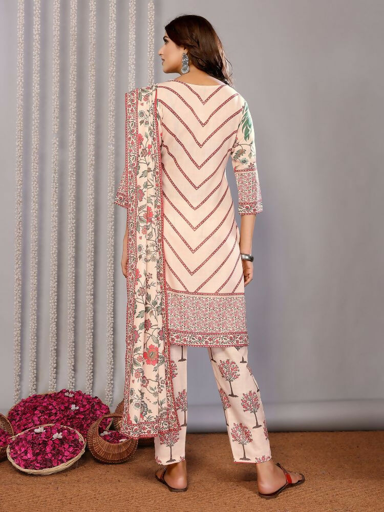 Women Cream Linen Printed Stitched Kurta Set with Notch Neck
