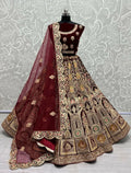 Maroon velvet wedding lehenga choli with heavy multi-thread embroidery and diamond work
