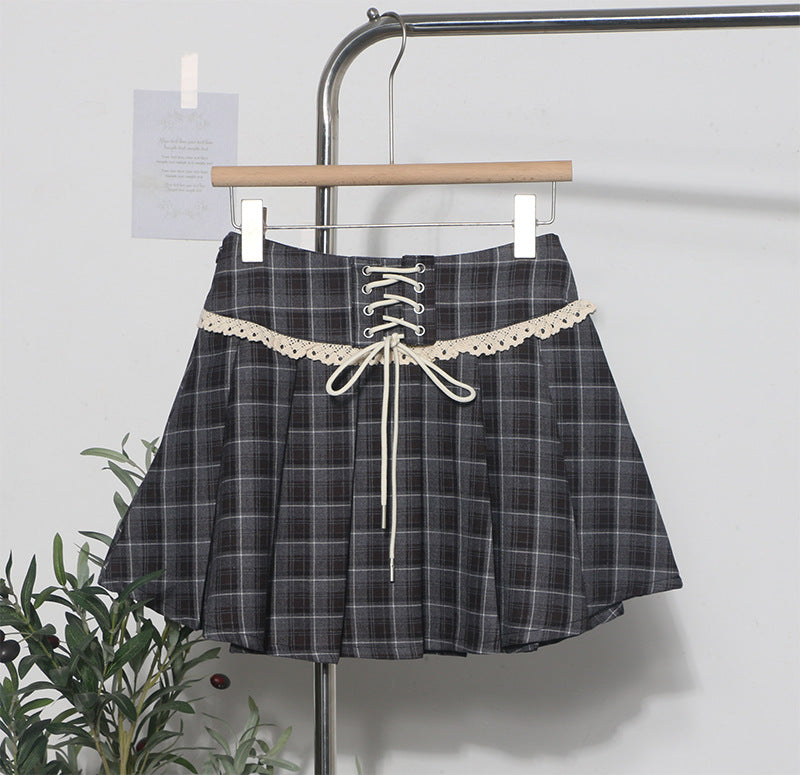 Checkered Pleated Mini Skirt with Decorative Lace-Up Detail - Image 7