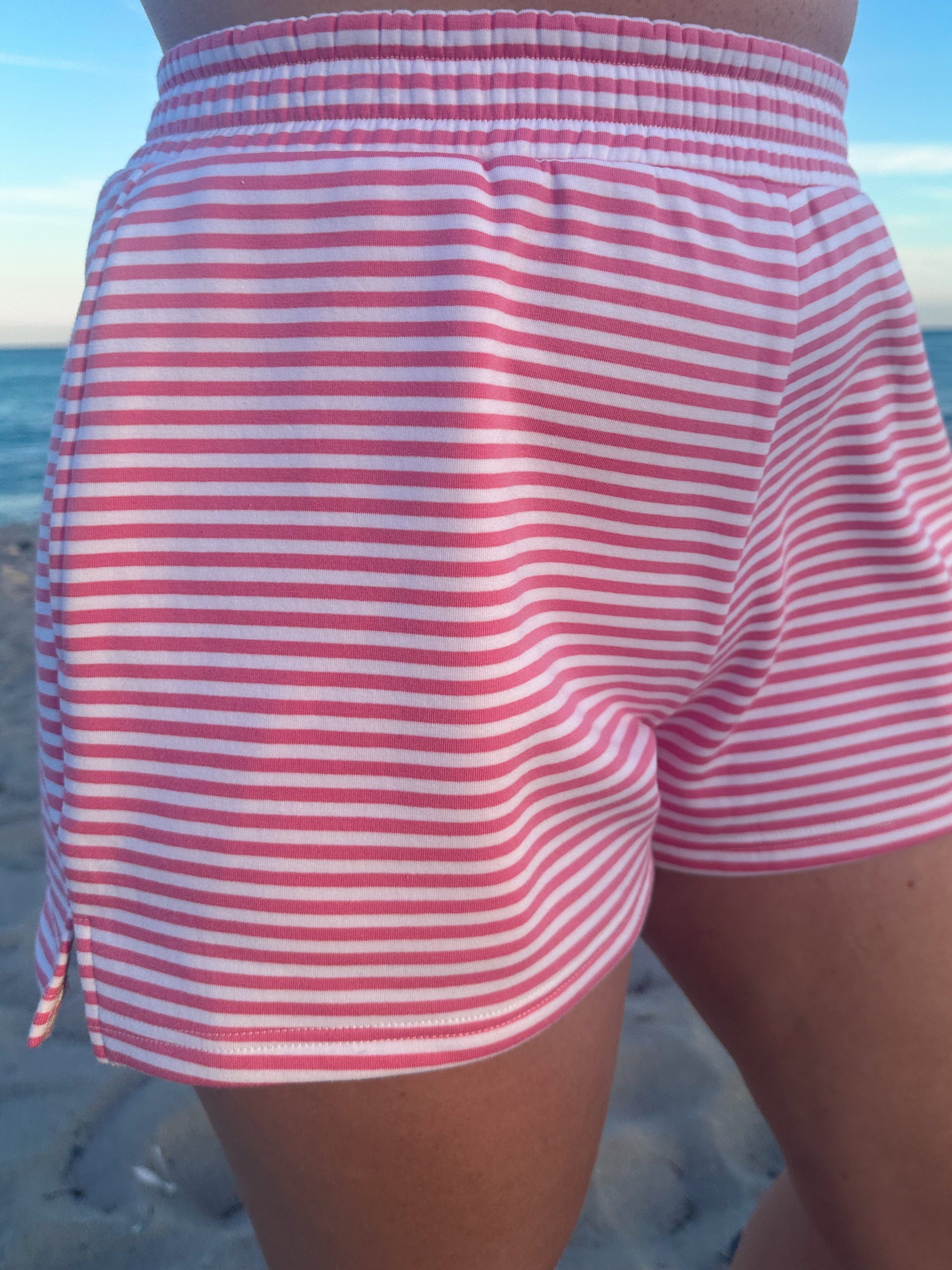 Dark Pink and White striped unisex shorts for casual lounge wear