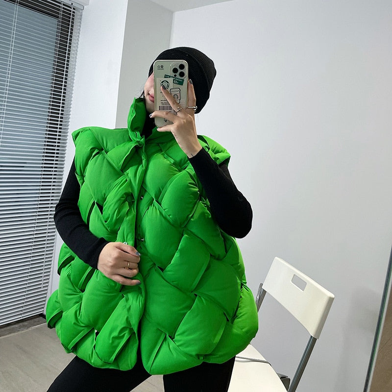 Woven Pattern Green & Black Quilted Puffer Vest Harajuku Style - Image 2
