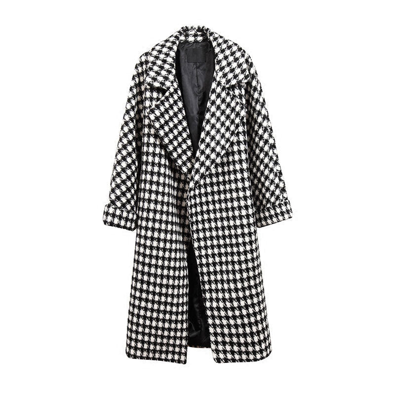 Women's Harajuku Style Black White Checkered Wool Long Coat - Image 5