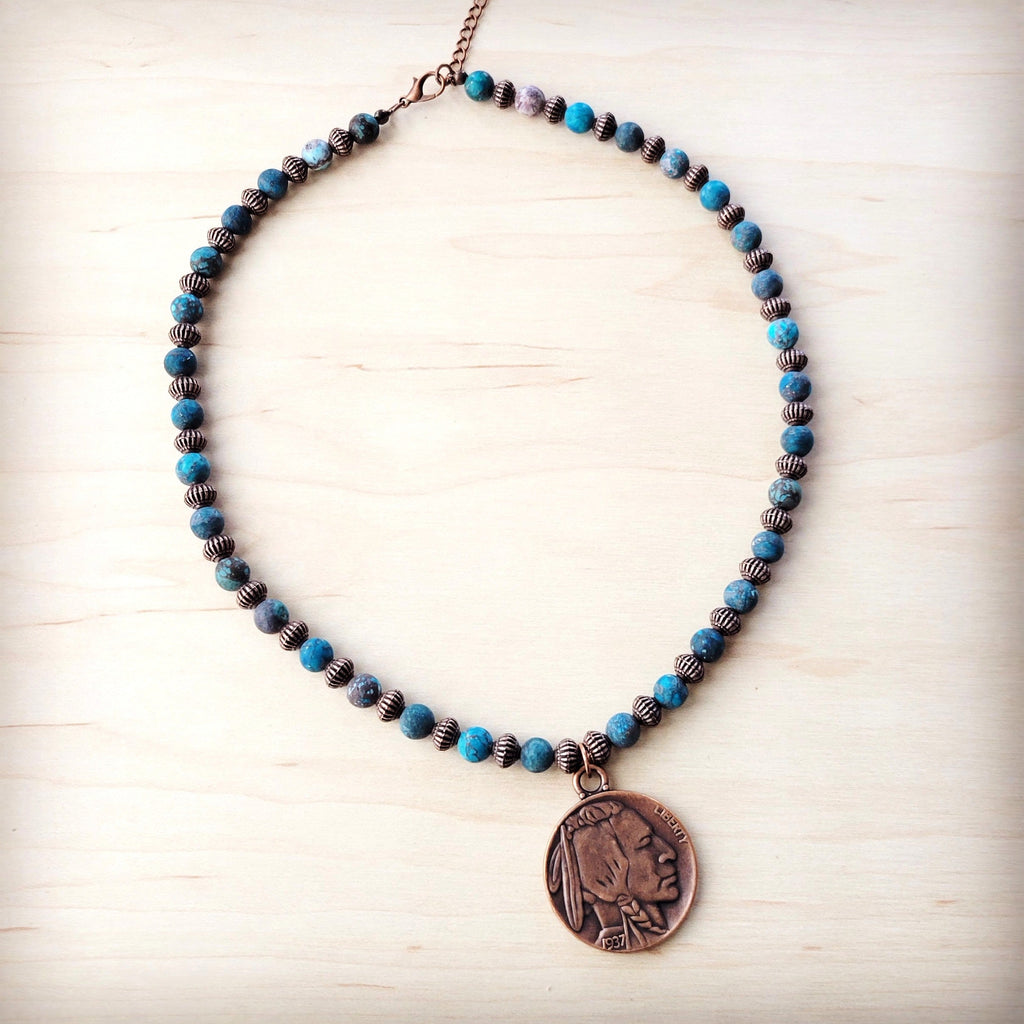 Natural turquoise bead necklace with copper-tone spacer beads and a bronze-toned Indian Head coin pendant.