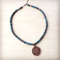 Natural turquoise bead necklace with copper-tone spacer beads and a bronze-toned Indian Head coin pendant.