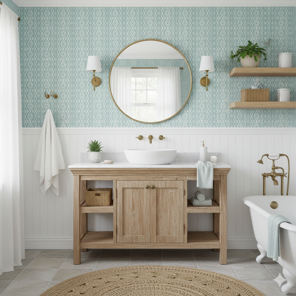Bondi Geometric Wallpaper in Teal, Beige and White