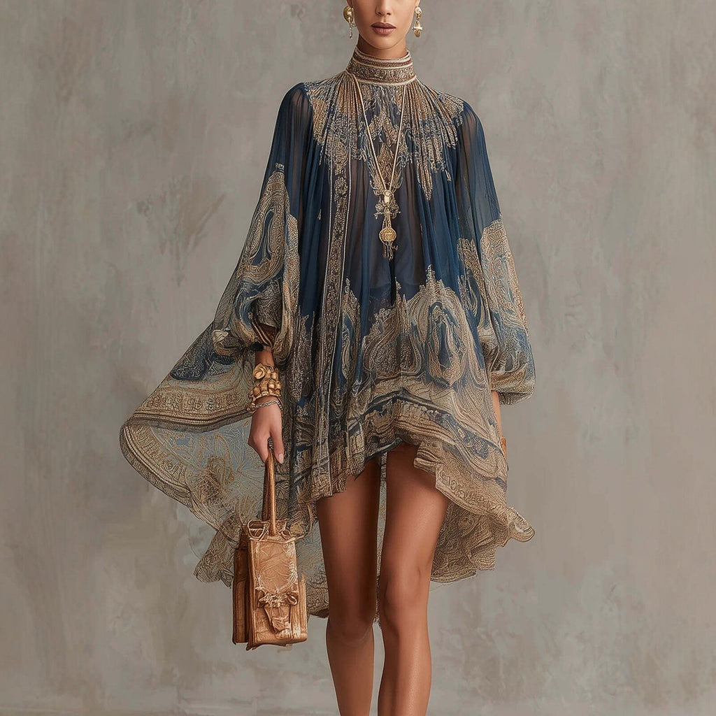 Navy Blue Printed Puff Sleeve Stand Collar Bohemian Midi Dress