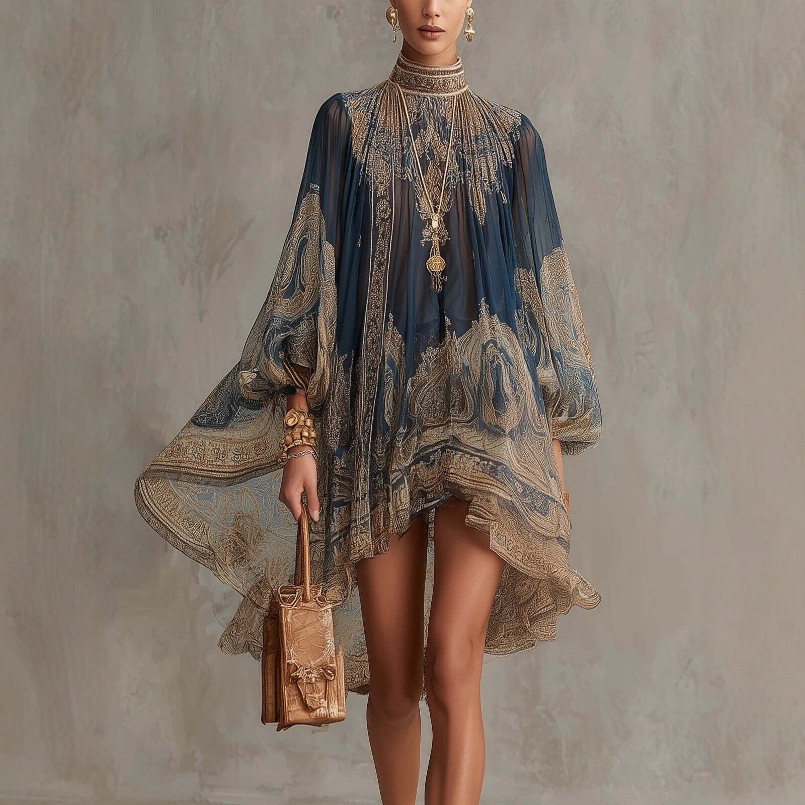 Navy Blue Printed Puff Sleeve Stand Collar Bohemian Midi Dress
