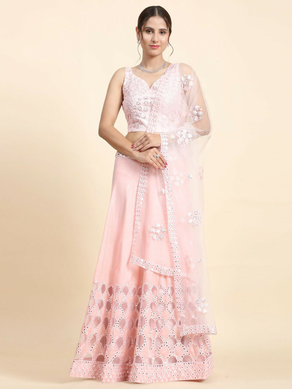 Baby pink silk lehenga choli with intricate thread and paper mirror embroidery for little girls