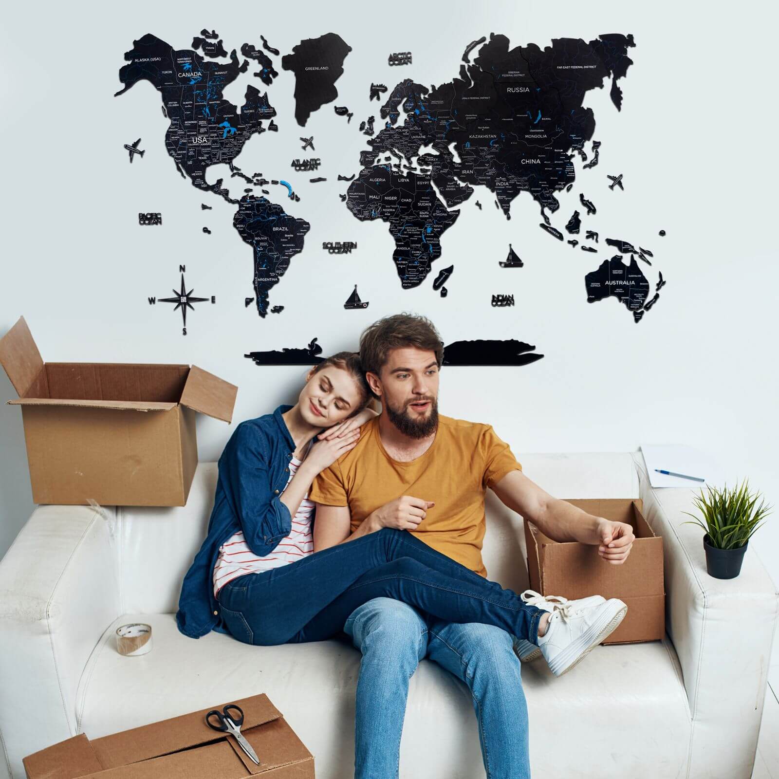 2D Wooden World Map Midnight Edition - Modern Travel Wall Art