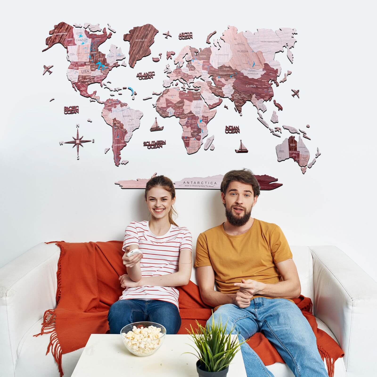 2D Wooden World Map in Cappuccino: Travel Inspired Wall Decor