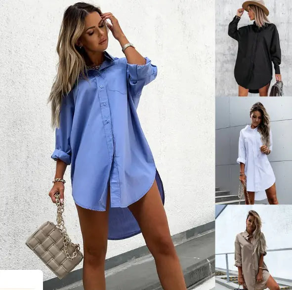 Women's Loose V-Neck Long Sleeve Shirt Dress