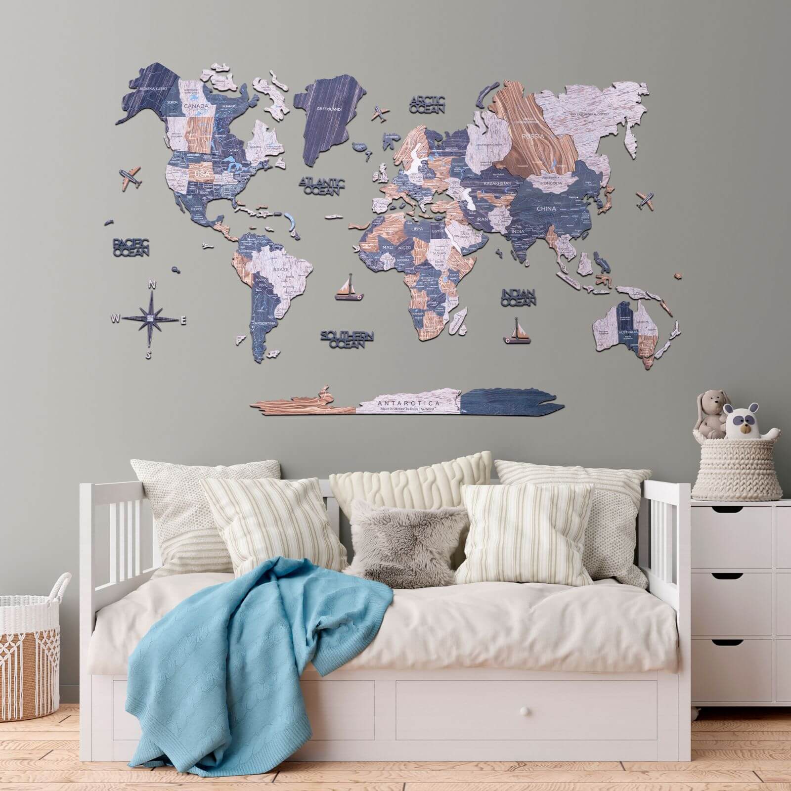 2D Wooden World Map Wall Art – Neutral Mystery Collection Décor