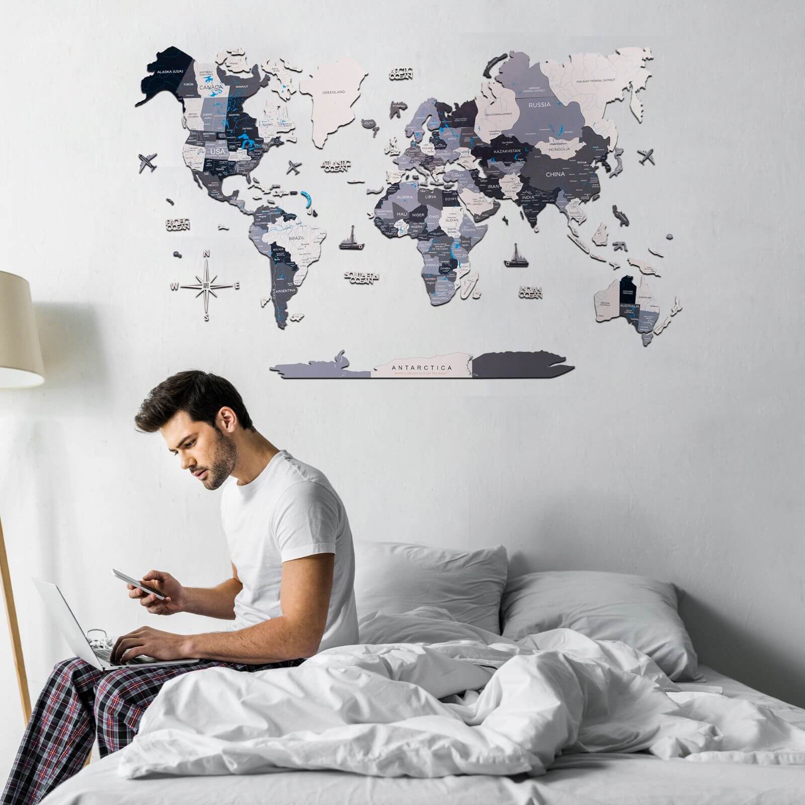 2D Wooden World Map Wall Decor for Modern Home Office Art