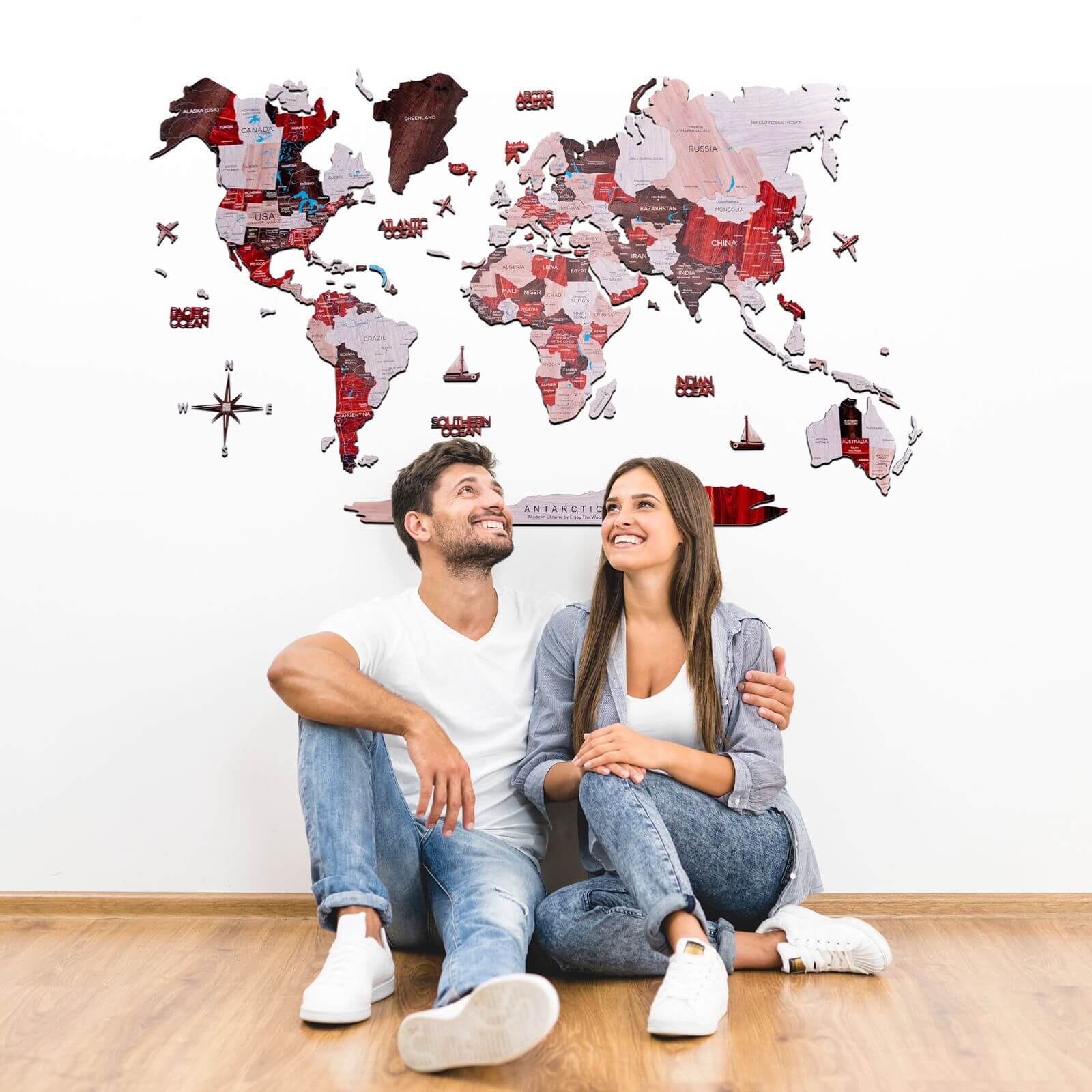 2D Wooden World Map Wall Decor - Urban Style Geographic Art