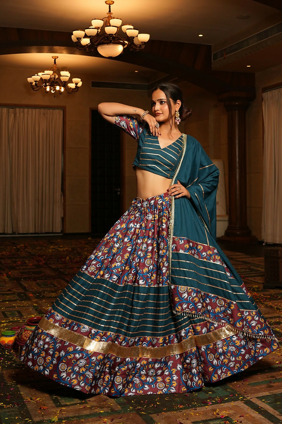Rama Crepe Floral Designer Navratri Lehenga Choli Set