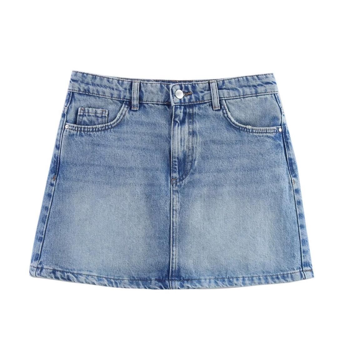 Front and back view of a Women's Light Blue Faded Denim Look Mini Skirt with pockets and belt loops on a white background.