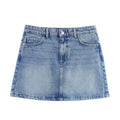 Front and back view of a Women's Light Blue Faded Denim Look Mini Skirt with pockets and belt loops on a white background.