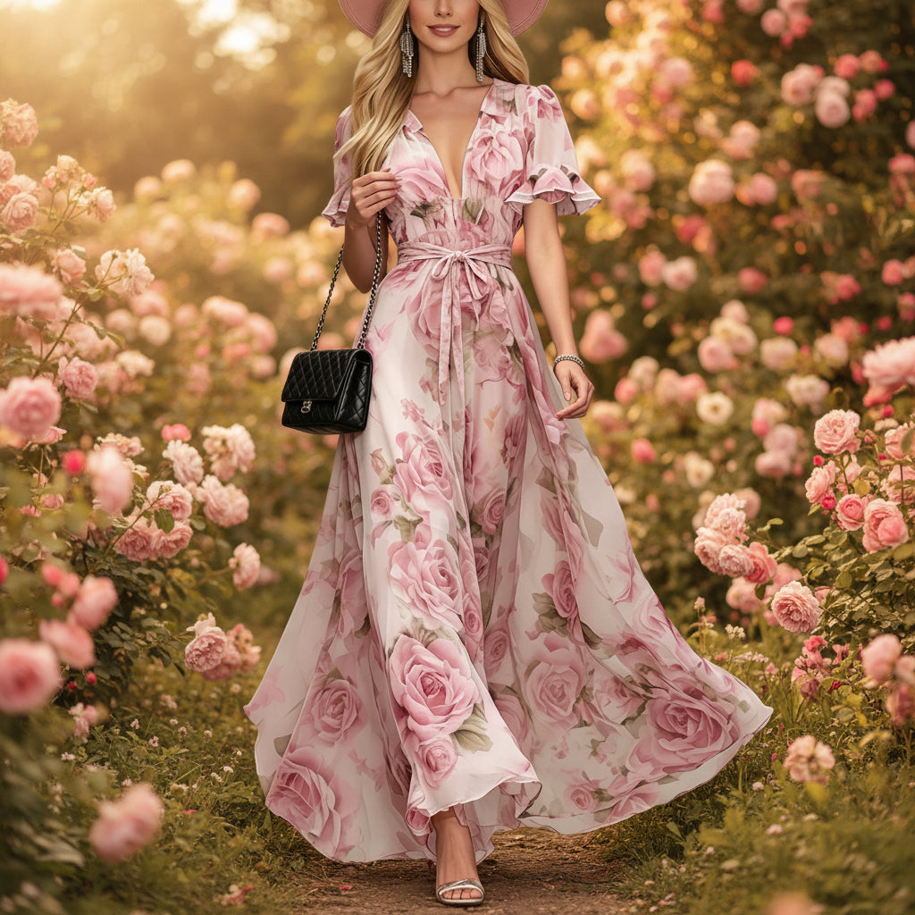 Model wearing a floral print chiffon maxi dress with ruffle sleeves and a deep V-neck