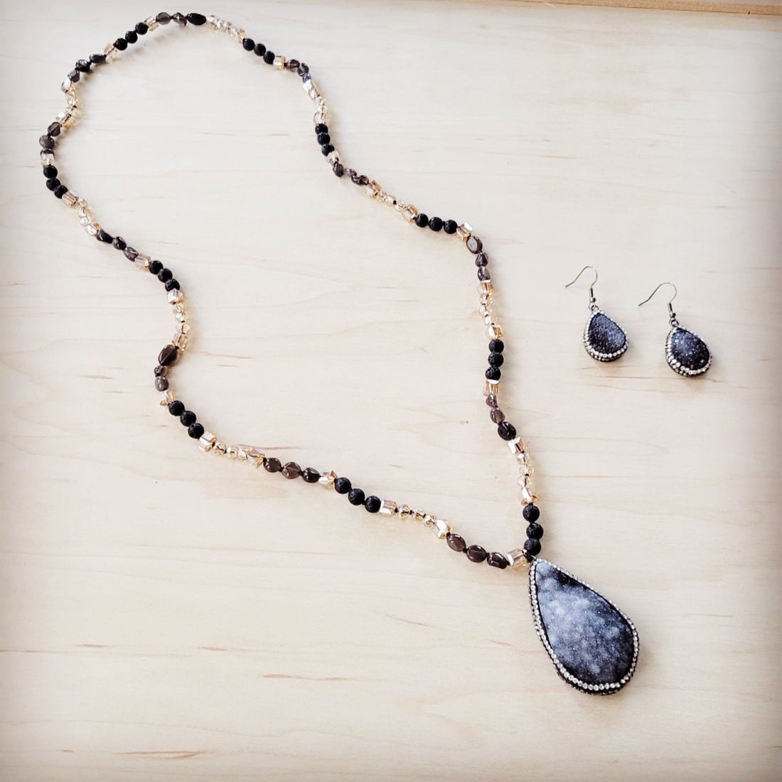 Black Lava Bead Necklace with Sparkling Druzy Teardrop Pendant - Image 4