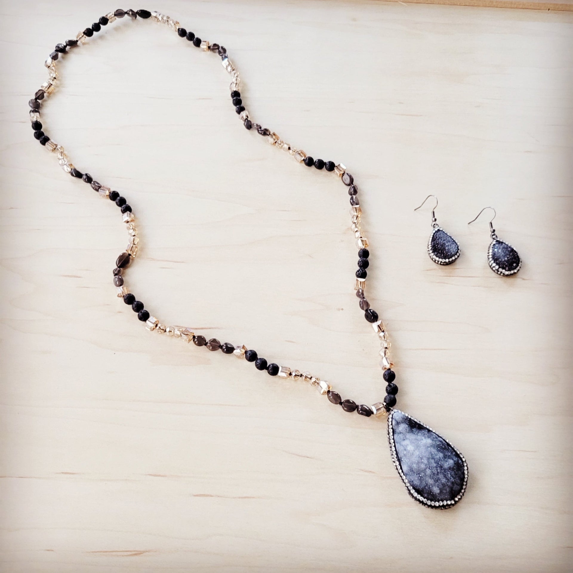 Black Lava Bead Necklace with Sparkling Druzy Teardrop Pendant - Image 4