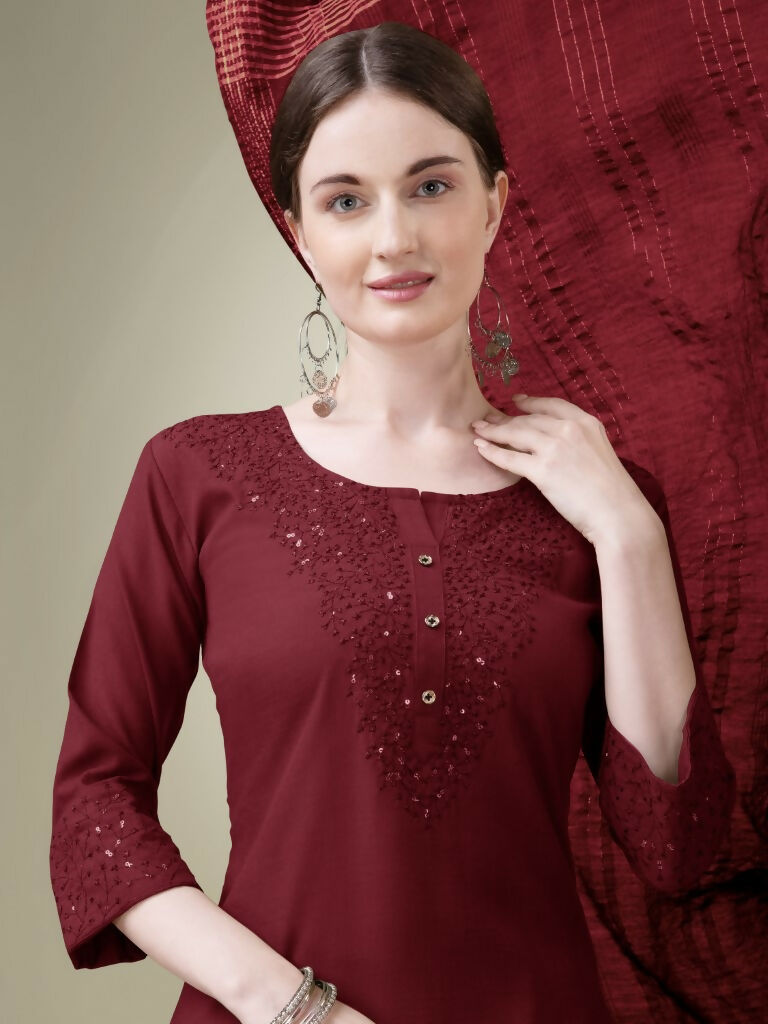 Jyoti Fashion Women's Maroon Cotton Blend Embroidery & Sequence work Kurta with Trouser & Dupatta