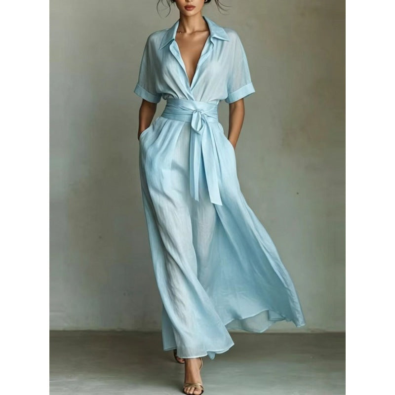Women's Solid Color Waist-Slimming Maxi Dress with Flip Collar