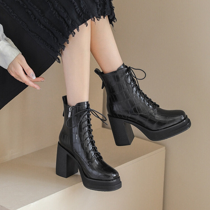 Women's Round Toe Platform Short Boots - Leather Lace-Up Style - Image 3