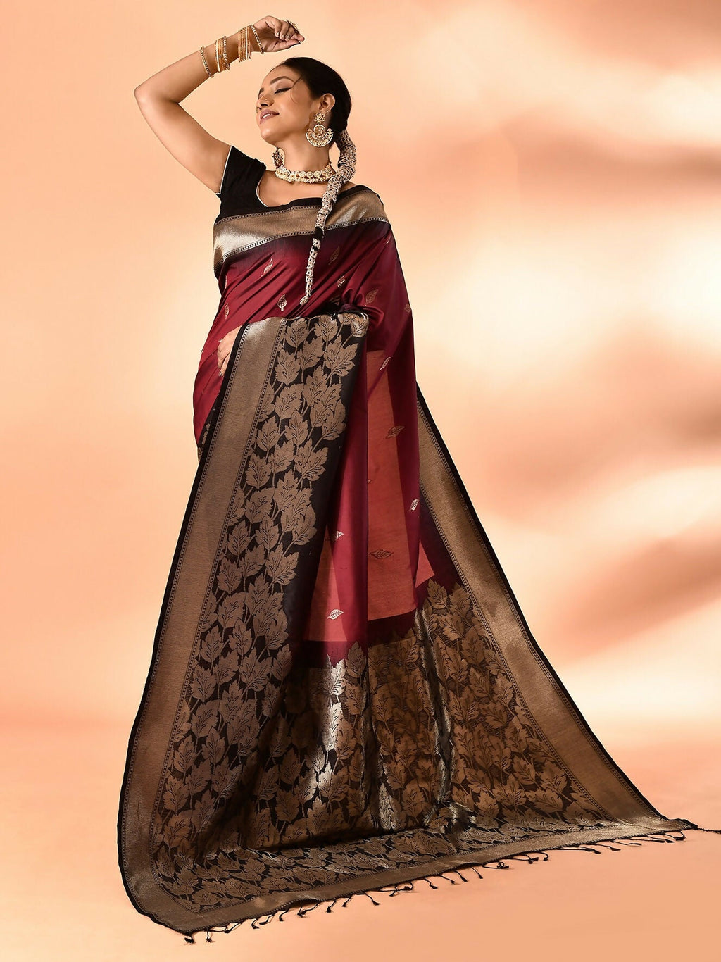 Maroon & Black Plain Banarasi Silk Saree with Detailed Weaving Border