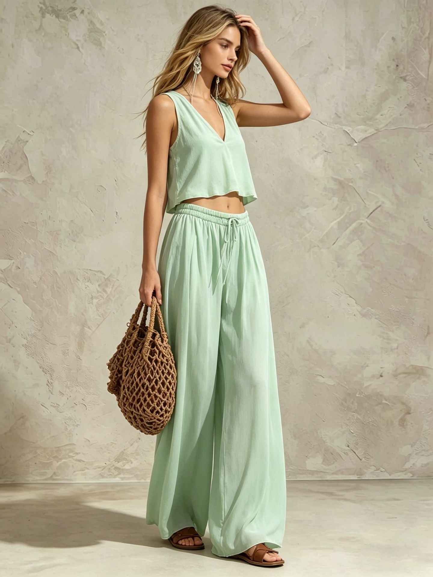 Women's V-Neck Sleeveless Camisole Top and Wide Leg Pants Set