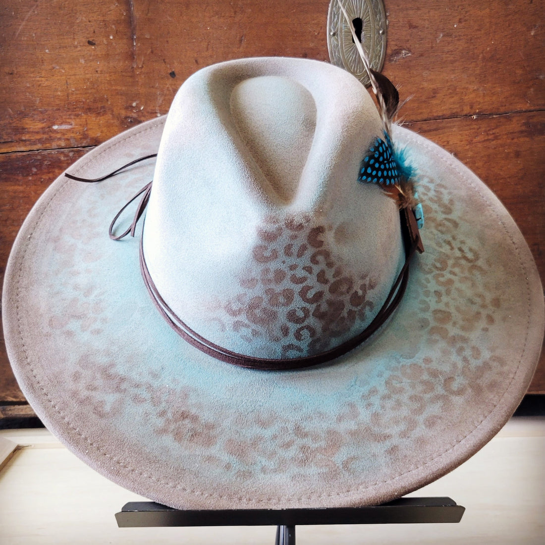 Hand-Painted Leopard Print Boho Western Cowgirl Hat Turquoise - Image 5