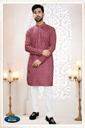 Men's straight-fit Redish Wine rayon kurta with detailed thread and sequence embroidery.