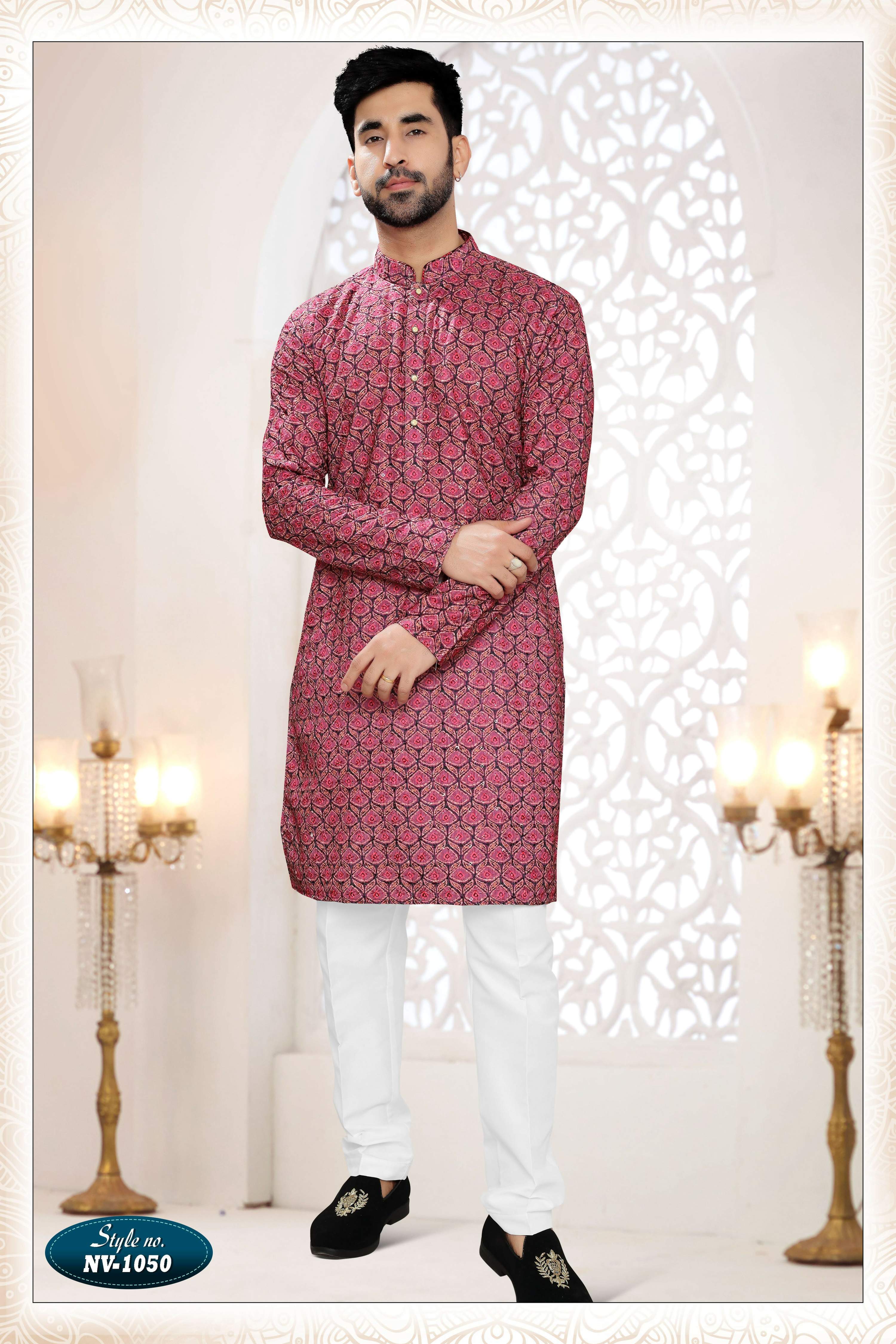 Men's straight-fit Redish Wine rayon kurta with detailed thread and sequence embroidery.