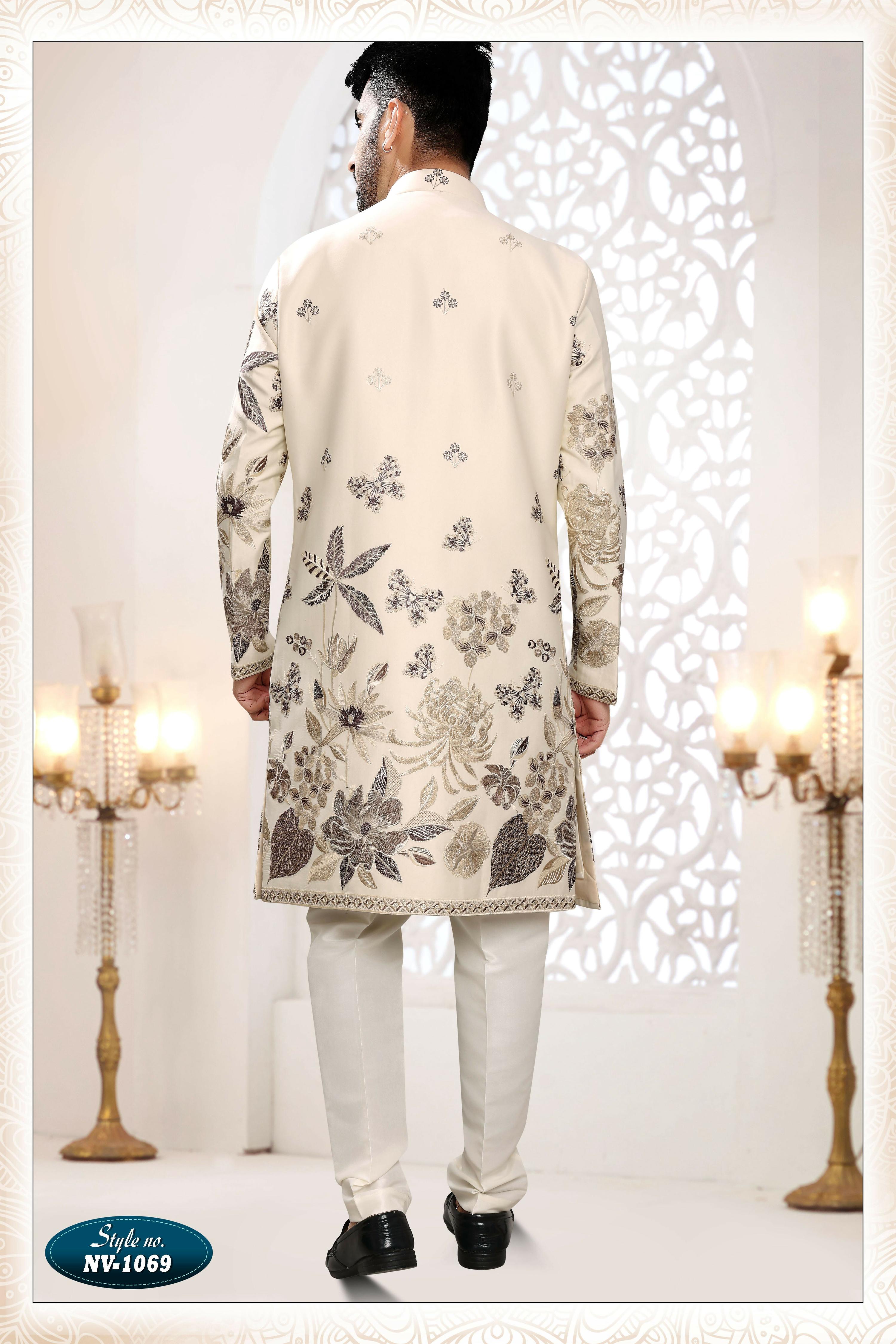Men's Cream Malai Silk Kurta Set with Thread and Sequence Work