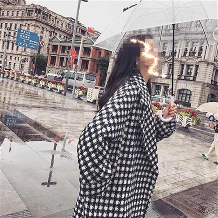Women's Harajuku Style Black White Checkered Wool Long Coat - Image 2