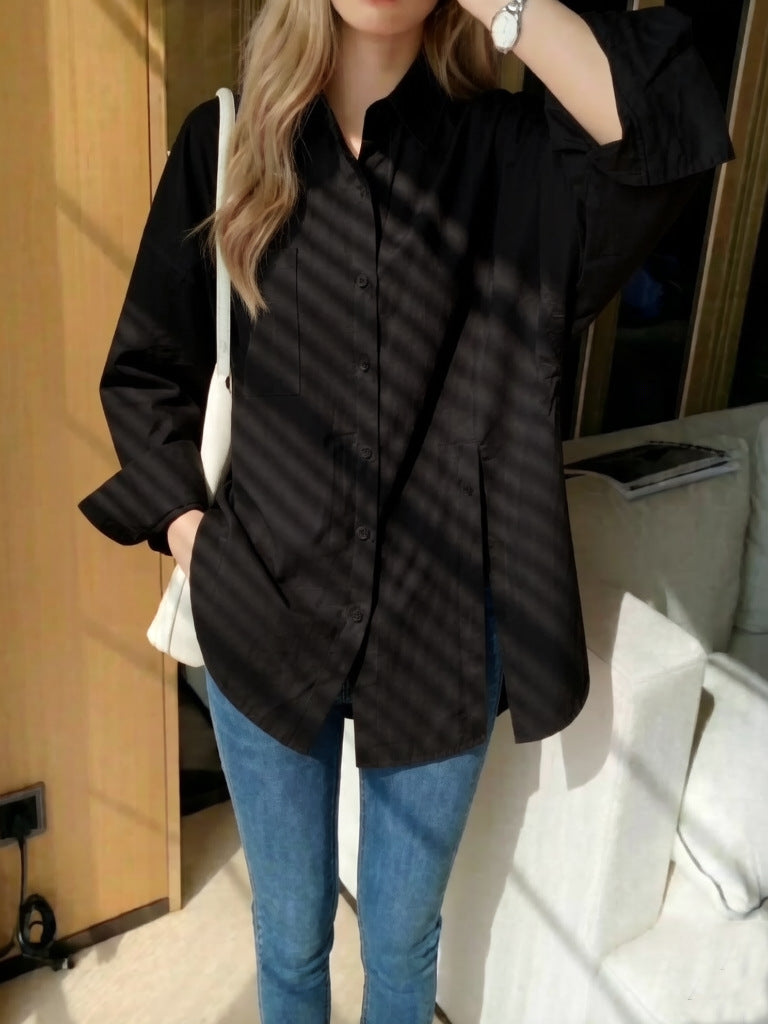 Women's Solid Color Drop Shoulder Shirt with Side Slit Detail