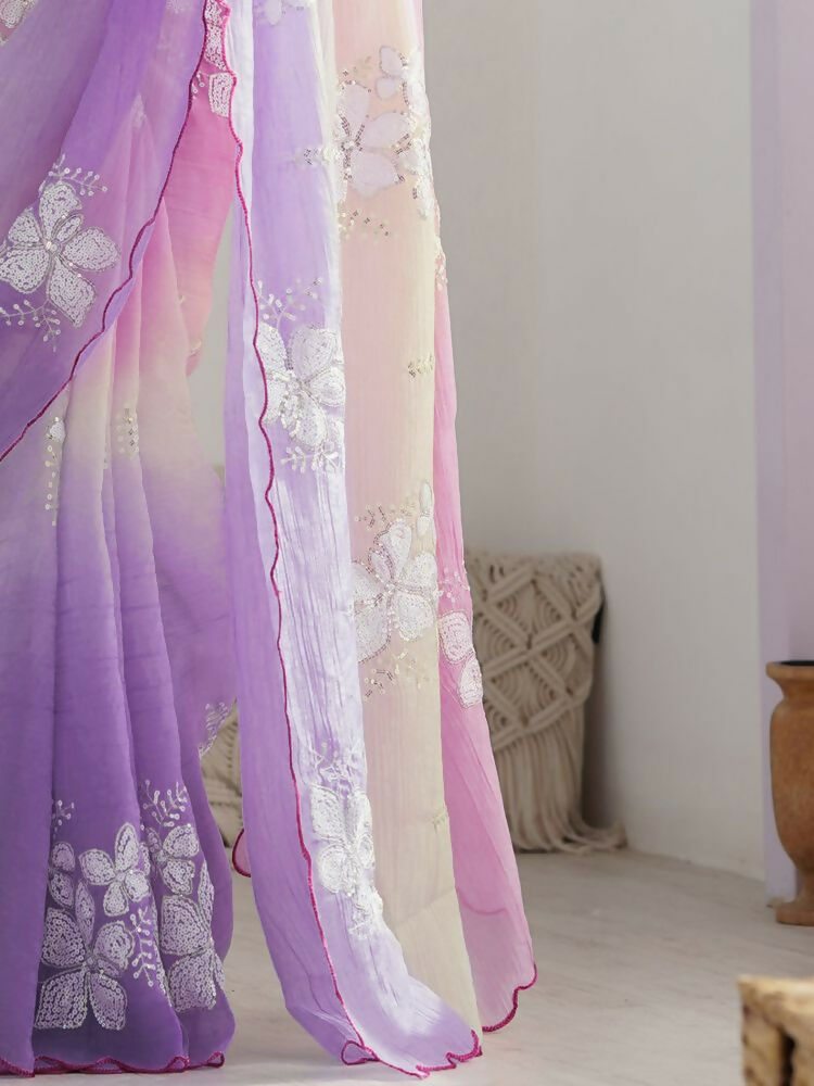 Pink Lavender Gold Crush Embroidery Saree with Roto Banglori Blouse