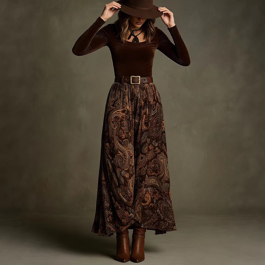 Women's Paisley Print Long Sleeve Skirt Set with Belt in Caramel - Image 2